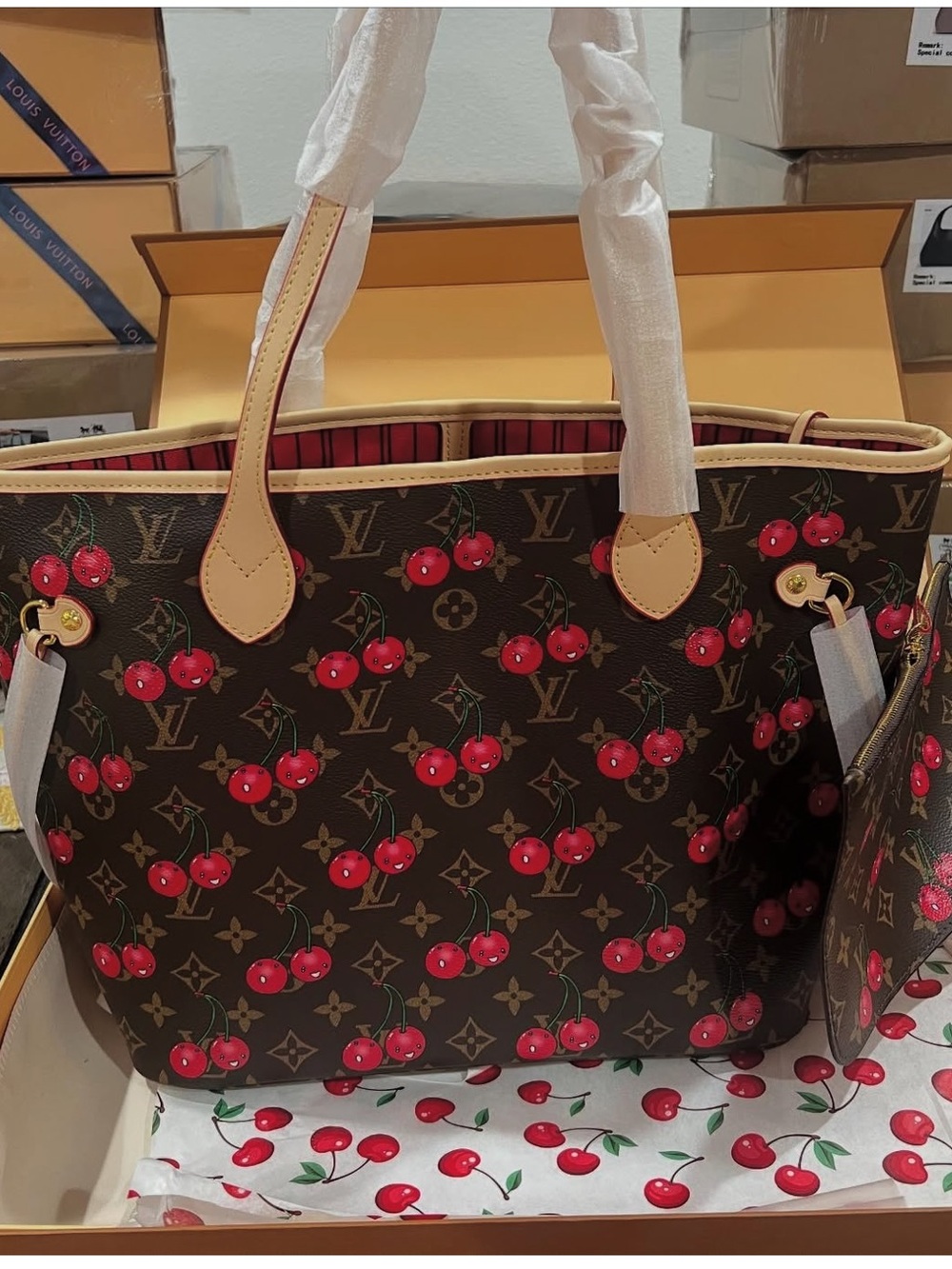 Brown Monogram Cherry Tote with Red Accents
